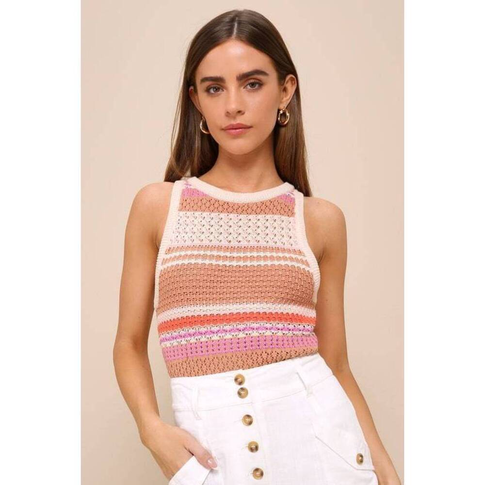 Lulus Exceptional Expression Beige Multi Striped Sweater Knit Tank Top - Size S